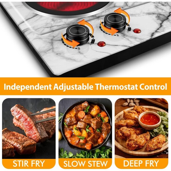 Cusimax Electric Double Hot Plate, Infrared Ceramic Electric Cooktopl, White Marble - CMIP-C180-WS