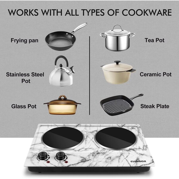 Cusimax Electric Double Hot Plate, Infrared Ceramic Electric Cooktopl, White Marble - CMIP-C180-WS