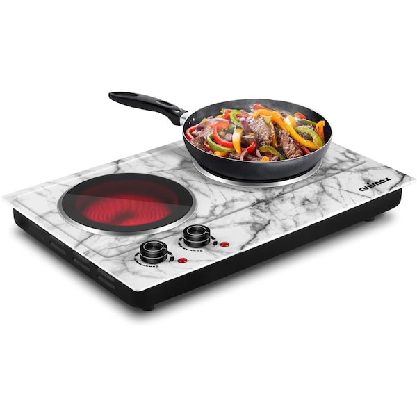 Cusimax Electric Double Hot Plate, Infrared Ceramic Electric Cooktopl, White Marble - CMIP-C180-WS