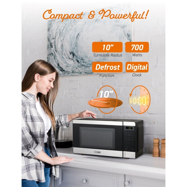 Commercial Chef Countertop Microwave Oven, 0.7 Cubic Feet, Stainless Steel - CHM770SS