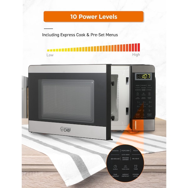 Commercial Chef Countertop Microwave Oven, 0.7 Cubic Feet, Stainless Steel - CHM770SS