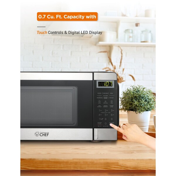 Commercial Chef Countertop Microwave Oven, 0.7 Cubic Feet, Stainless Steel - CHM770SS