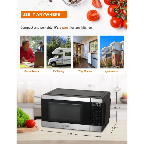 Commercial Chef Countertop Microwave Oven, 0.7 Cubic Feet, Stainless Steel - CHM770SS