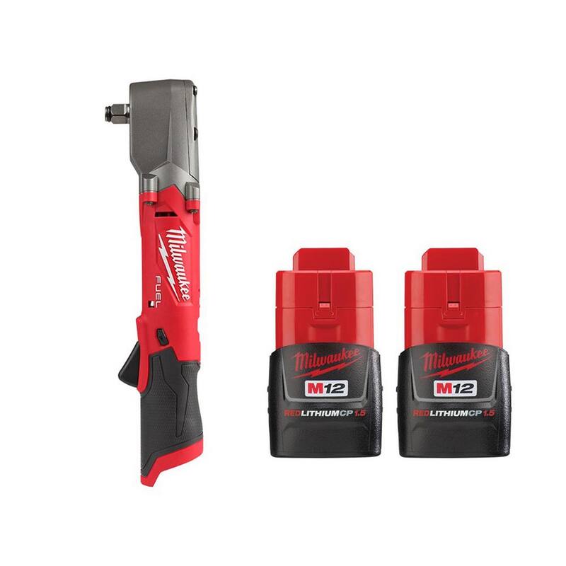 Llave de impacto angular derecha inalámbrica Milwaukee M12 FUEL de 12V con motor sin escobillas de iones de litio de 1/2 pulgadas con paquete de batería de 1.5 Ah (paquete de 2) - 2565-20-48-11-2411