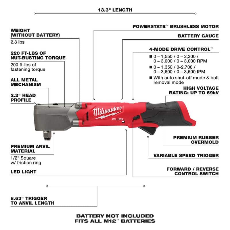 Llave de impacto angular derecha inalámbrica Milwaukee M12 FUEL de 12V con motor sin escobillas de iones de litio de 1/2 pulgadas con paquete de batería de 1.5 Ah (paquete de 2) - 2565-20-48-11-2411