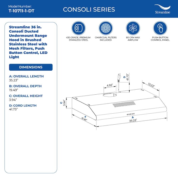 Streamline 36 in. Consoli Ducted Undermount 80 CFM Range Hood in Brushed Stainless Steel - T-10711-1-DT