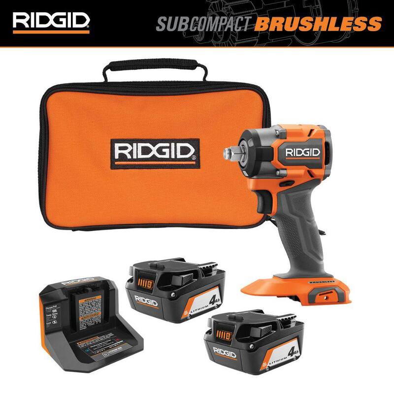 Llave de impacto inalámbrica RIDGID Brushless 18V SubCompact de 1/2 pulg. con (2) baterías de 4.0 Ah, cargador y bolsa - R872081B-AC93044SBN.