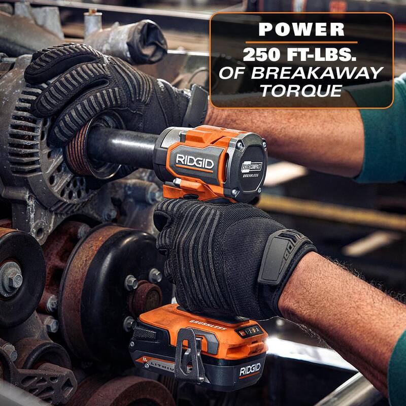 Llave de impacto inalámbrica RIDGID Brushless 18V SubCompact de 1/2 pulg. con (2) baterías de 4.0 Ah, cargador y bolsa - R872081B-AC93044SBN.