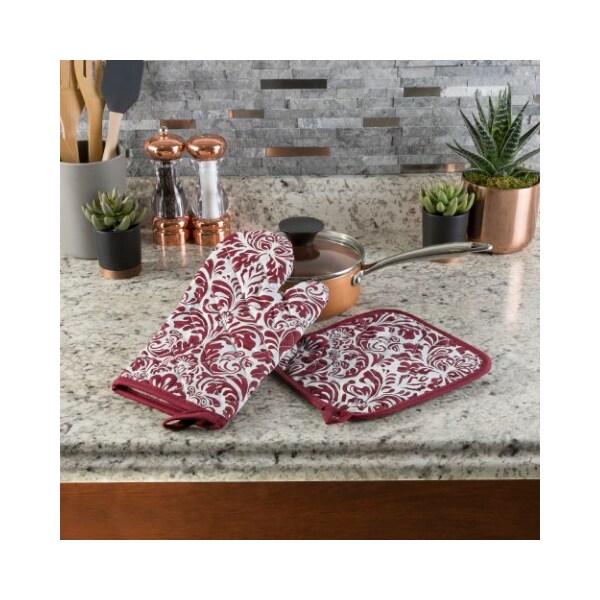 Hastings Home Oven Mitt And Pot Holder Set, Quilted And Flame And Heat Resistant By Hastings Home (Burgundy) - 533732TZV