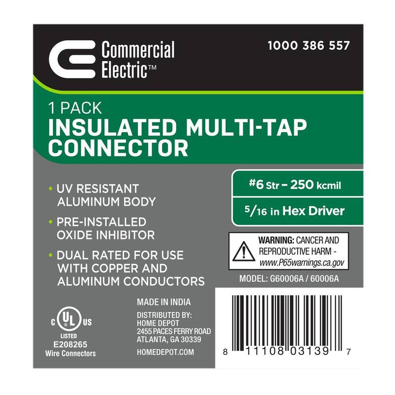 Conector de derivaciones múltiples aislado de doble calibrado 6 AWG a 250 MCM y con capacidad dual de 2 puertos y entrada de un solo lado, color negro - G60006A
