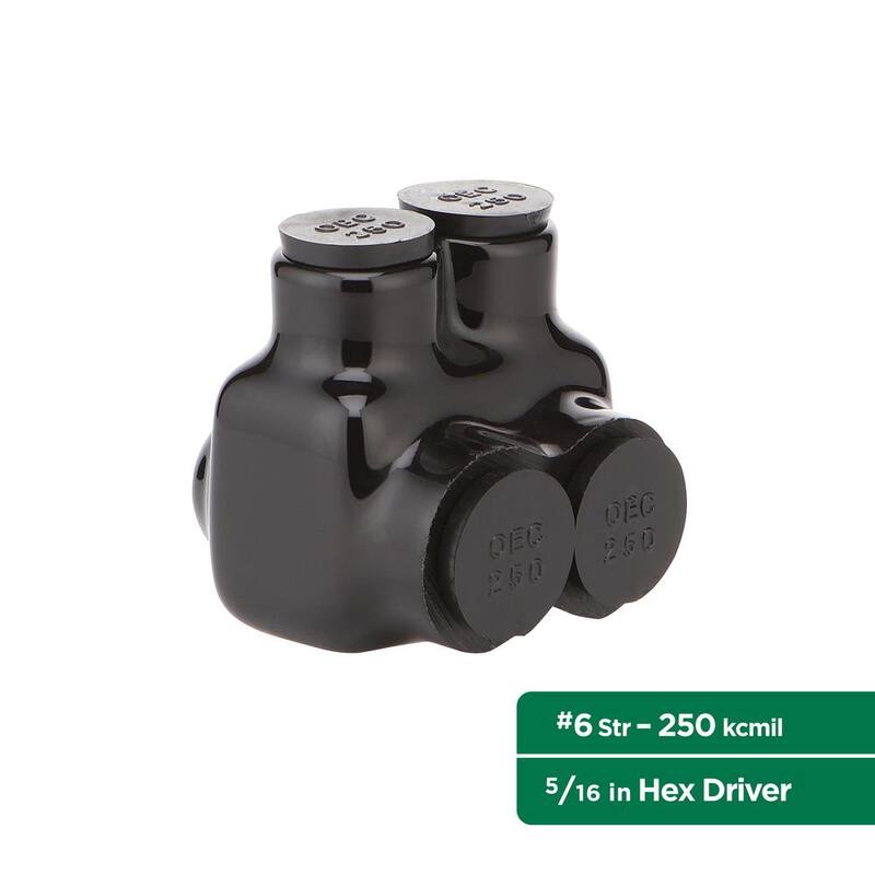 Conector de derivaciones múltiples aislado de doble calibrado 6 AWG a 250 MCM y con capacidad dual de 2 puertos y entrada de un solo lado, color negro - G60006A