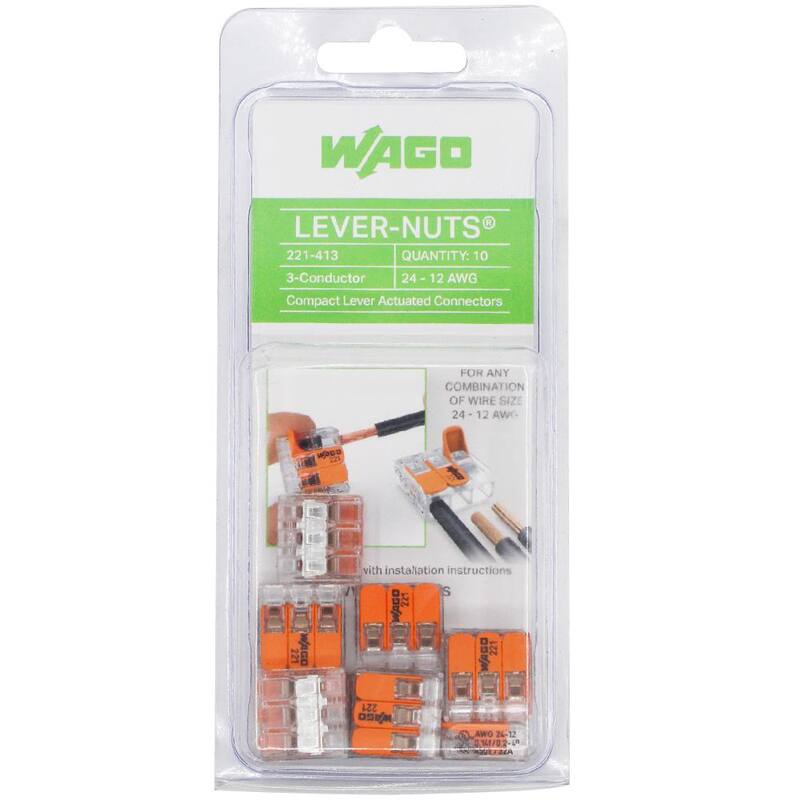WAGO 221-413/996-010 3-Wire Lever Nuts Conector de empalme compacto para conductores, 12-24 AWG (paquete de 10) - 60338741