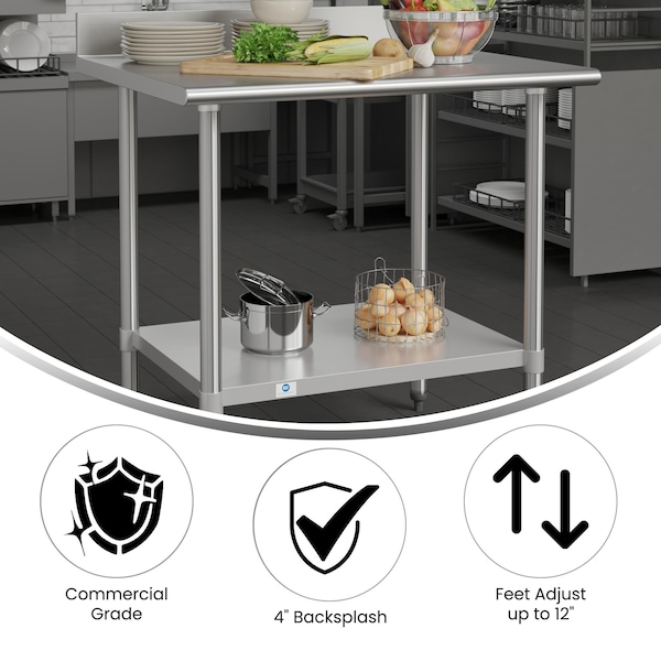 Flash Furniture Reese 430 Stainless Steel 18 Gauge 30-in x 36-in Table w/Adjustable Shelf and 4-in Backsplash - NH-WT-3036-GG-B4-GG