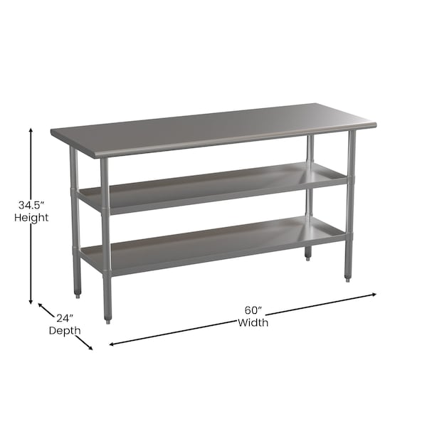 Flash Furniture 60 x 24 Stainless Steel Work Table-2 Undershelves - NH-WT-GU-2460-GG
