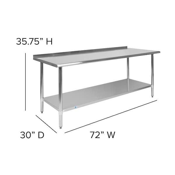 Flash Furniture 72"W Stainless 18 Gauge Work Table - Undershelf - NH-WT-3072BSP-GG