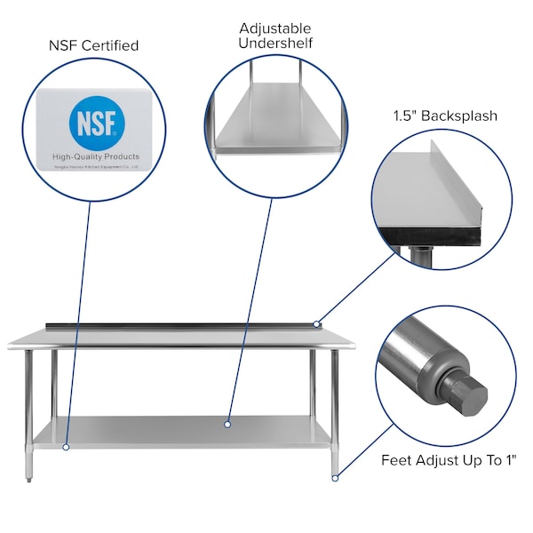 Flash Furniture 72"W Stainless 18 Gauge Work Table - Undershelf - NH-WT-3072BSP-GG