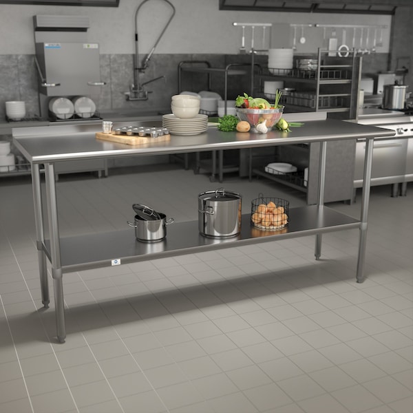 Flash Furniture 72"W Stainless 18 Gauge Work Table - Undershelf - NH-WT-3072BSP-GG