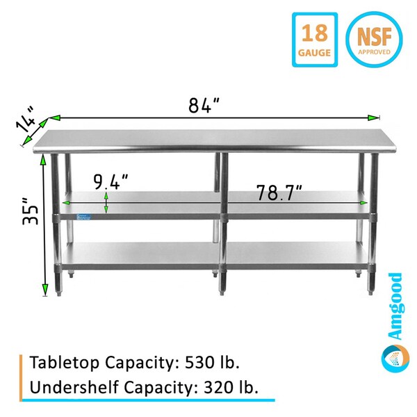 Amgood 14x84 Prep Table with Stainless Steel Top and 2 Shelves - AMG WT-1484-2SH