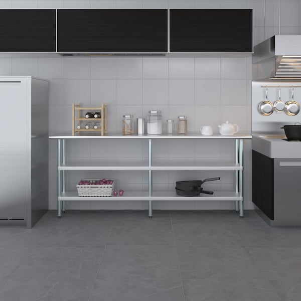 Amgood 14x84 Prep Table with Stainless Steel Top and 2 Shelves - AMG WT-1484-2SH
