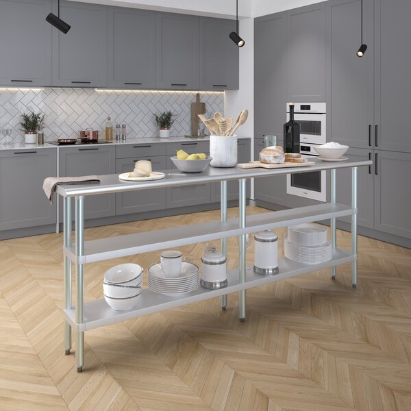Amgood 14x84 Prep Table with Stainless Steel Top and 2 Shelves - AMG WT-1484-2SH