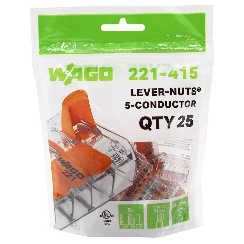 WAGO 221-415 Lever Nuts 5 Wire Conductor Compact Connectors (Paquete de 25) - 0221415K00-012

Por favor nota que "Compact Connectors" podría traducirse también como "conectores compactos".