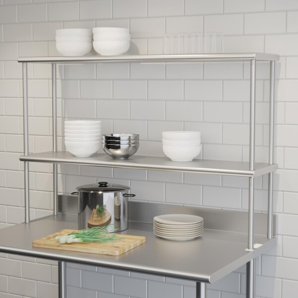 Flash Furniture Reese 430 Stainless Steel 18 Gauge NSF Certified 48-in x 12-in Metal Kitchen Double Overshelf - NH-OSD-1248-GG