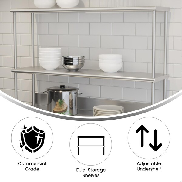 Flash Furniture Reese 430 Stainless Steel 18 Gauge NSF Certified 48-in x 12-in Metal Kitchen Double Overshelf - NH-OSD-1248-GG