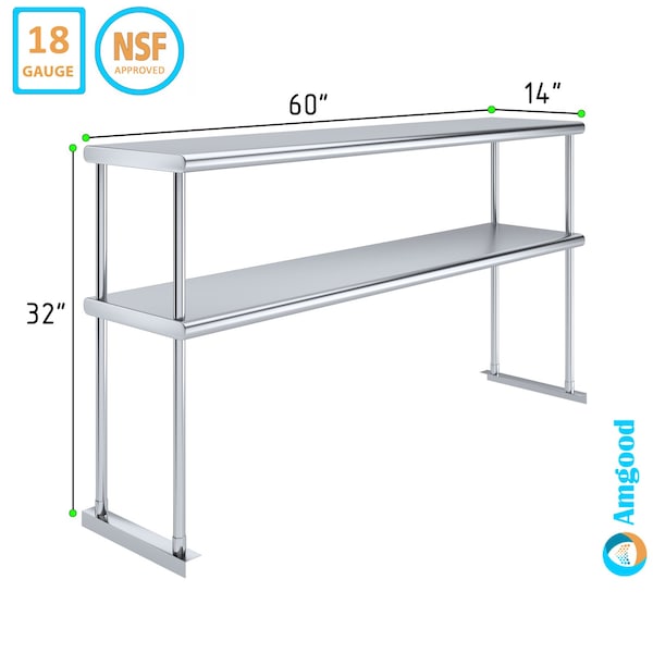 Amgood 14''x60'' Stainless Steel Double Deck Over Shelf - DOS-1460-Z