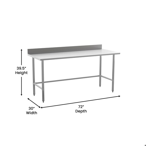 Flash Furniture Reese 430 Stainless Steel 18 Gauge Open Base Kitchen Prep and Work Table w/4-in Backsplash - NH-WT-3072-OG-B4-GG