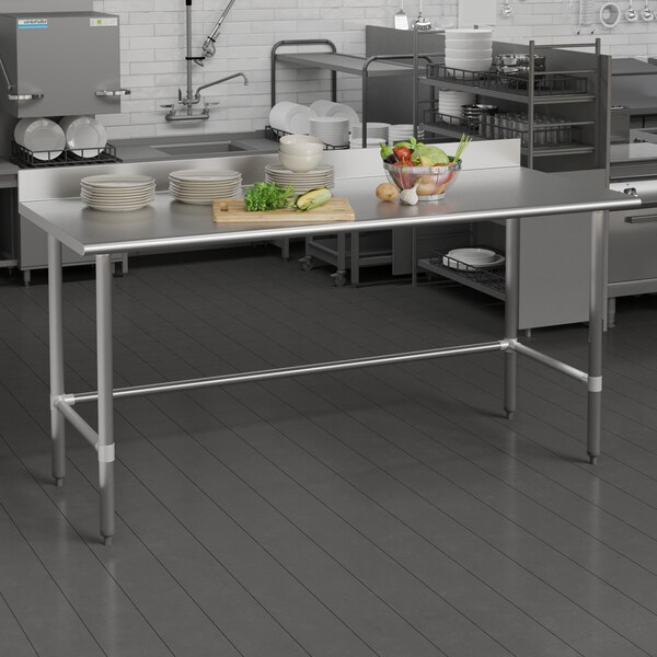 Flash Furniture Reese 430 Stainless Steel 18 Gauge Open Base Kitchen Prep and Work Table w/4-in Backsplash - NH-WT-3072-OG-B4-GG