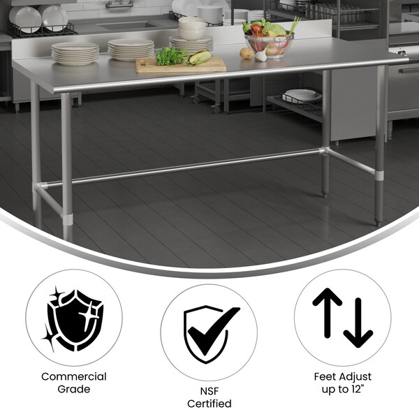 Flash Furniture Reese 430 Stainless Steel 18 Gauge Open Base Kitchen Prep and Work Table w/4-in Backsplash - NH-WT-3072-OG-B4-GG