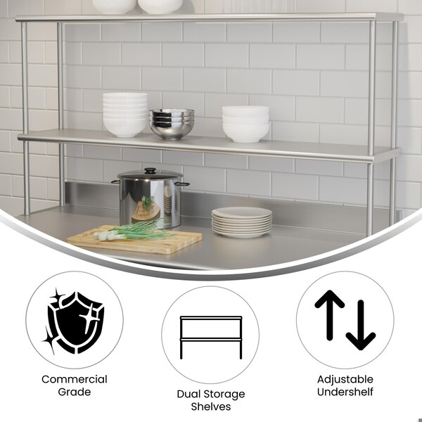 Flash Furniture Reese 430 Stainless Steel 18 Gauge NSF Certified 60-in x 12-in Metal Kitchen Double Overshelf - NH-OSD-1260-GG