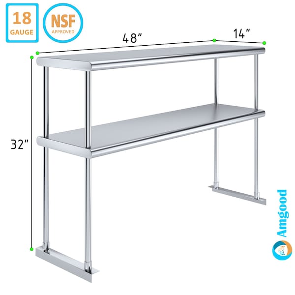 Amgood 14''x48'' Stainless Steel Double Deck Over Shelf - DOS-1448-Z