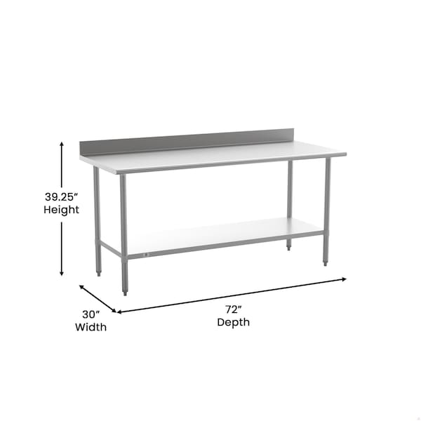 Flash Furniture Reese 430 Stainless Steel 18 Gauge 30-in x 72-in Table w/Adjustable Shelf and 4-in Backsplash - NH-WT-3072-GG-B4-GG