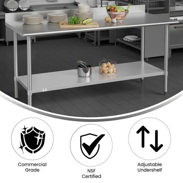 Flash Furniture Reese 430 Stainless Steel 18 Gauge 30-in x 72-in Table w/Adjustable Shelf and 4-in Backsplash - NH-WT-3072-GG-B4-GG