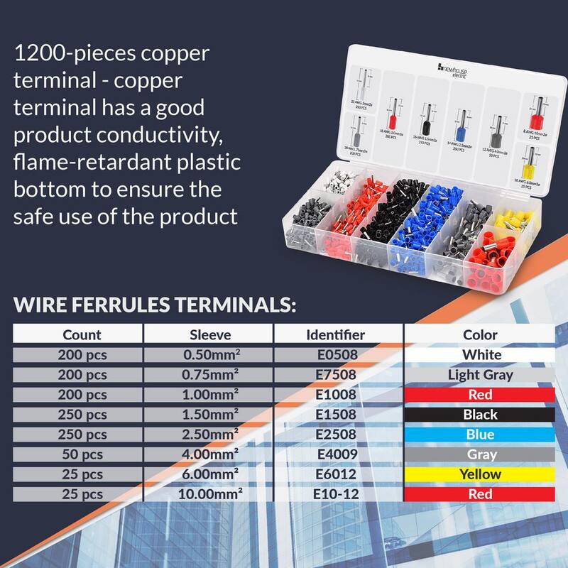 KIT de herramientas de prensado de casquillos NEWHOUSE ELECTRIC con herramienta de prensado de cables, contenedor de casquillos y 1,200 conectores eléctricos - FTK1200