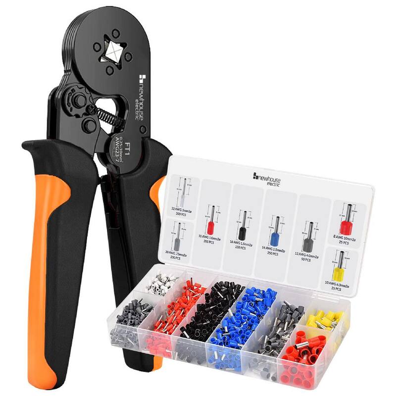 KIT de herramientas de prensado de casquillos NEWHOUSE ELECTRIC con herramienta de prensado de cables, contenedor de casquillos y 1,200 conectores eléctricos - FTK1200