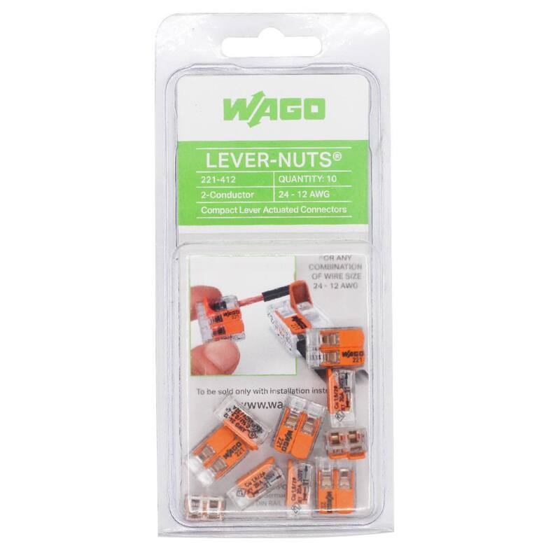 WAGO 221-412/996-010 2-Wire Lever Nuts - Conectores de empalme compactos de conductor, 12-24 AWG (paquete de 10) - 60343606