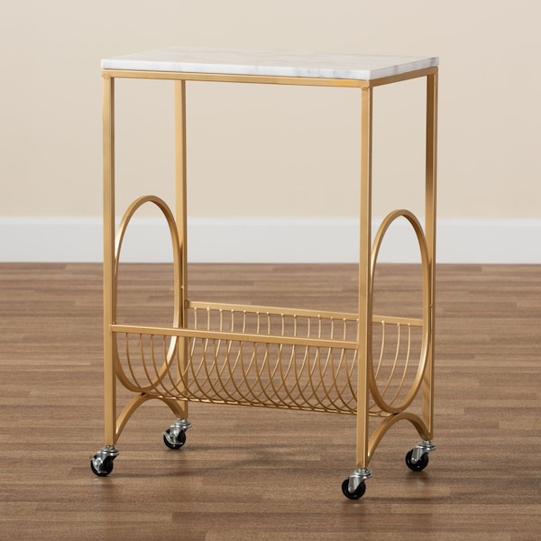 Baxton Studio Jacek ModernGold Finished Metal Wine Cart with Marble Tabletop - 195-12107-ZORO
