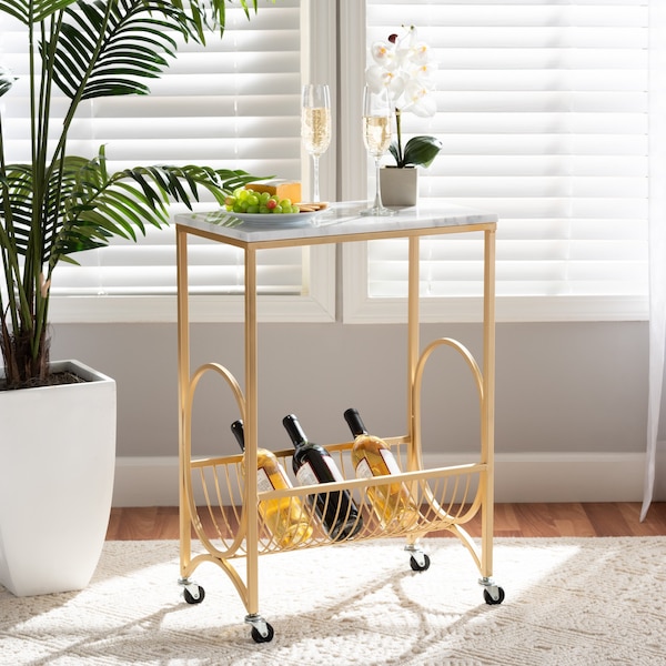Baxton Studio Jacek ModernGold Finished Metal Wine Cart with Marble Tabletop - 195-12107-ZORO