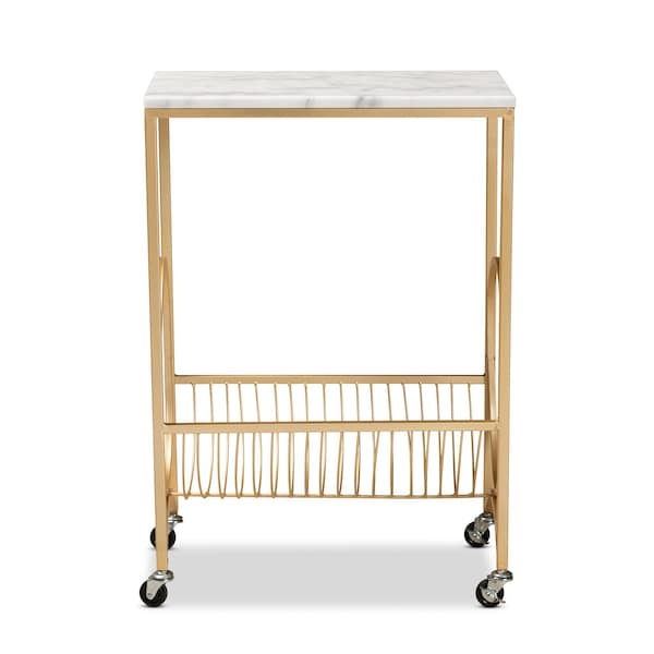 Baxton Studio Jacek ModernGold Finished Metal Wine Cart with Marble Tabletop - 195-12107-ZORO