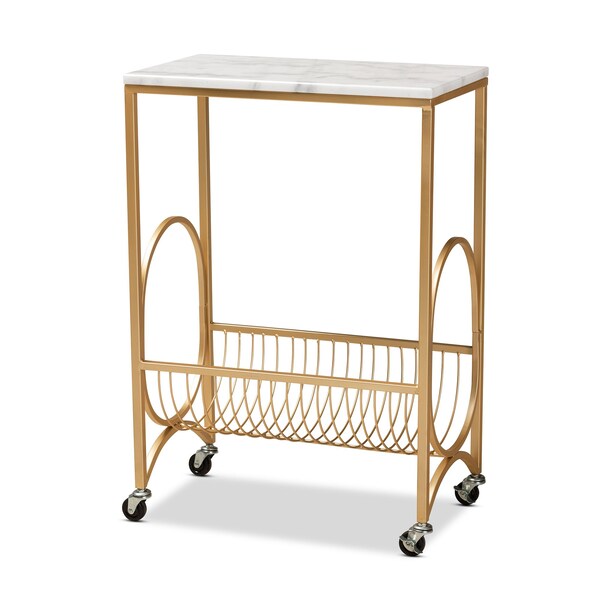 Baxton Studio Jacek ModernGold Finished Metal Wine Cart with Marble Tabletop - 195-12107-ZORO