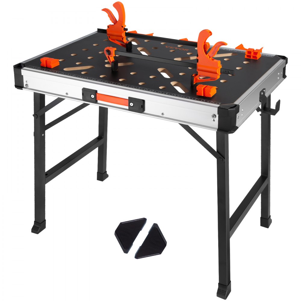 VEVOR Folding Work Table, 2-in-1 as Sawhorse & Workbench, 1000 lbs Load Capacity, Steel Legs, Portable Foldable Tool Stand with 2 Wood Clamps, 4 Bench Dogs, 3 Tool Boxes, 2 Hooks, Easy Garage Storage - BXSMZGZTZDX45IB8UV0