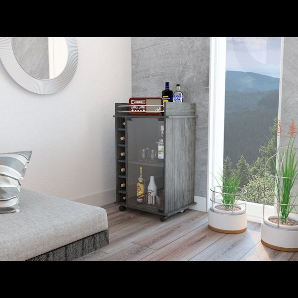 Tuhome Dukat Bar Cart, Two Shelves, Six Built-in Wine Rack, Four Casters, Smokey Oak - MLV5205