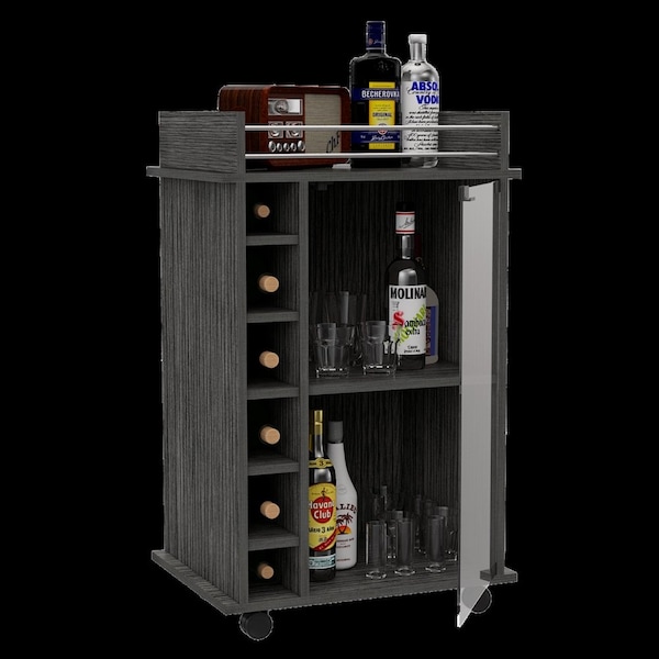 Tuhome Dukat Bar Cart, Two Shelves, Six Built-in Wine Rack, Four Casters, Smokey Oak - MLV5205