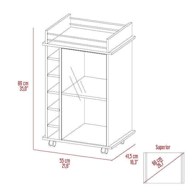 Tuhome Dukat Bar Cart, Two Shelves, Six Built-in Wine Rack, Four Casters, Smokey Oak - MLV5205