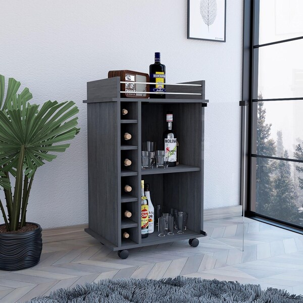 Tuhome Dukat Bar Cart, Two Shelves, Six Built-in Wine Rack, Four Casters, Smokey Oak - MLV5205