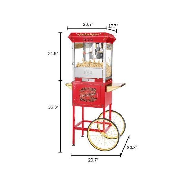 Great Northern Popcorn Pasadena Popcorn Machine with Cart Popper Makes 3 Gallons, 8-Ounce Kettle, Drawer, Tray, Scoop (Red) - 387566MZB