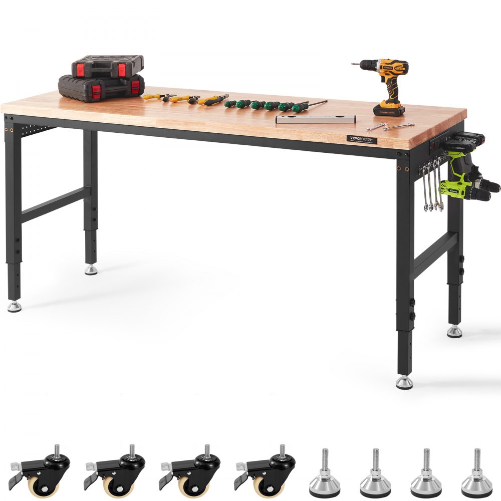 VEVOR Adjustable Workbench, 72" L X 25" W Garage Worktable with Universal Wheels, 28-39.5" Heights & 3000 LBS Load Capacity, with Power Outlets & Hardwood Top & Storage & Foot Pads, for Office Home - GZZS72X25INCH5B8CV1