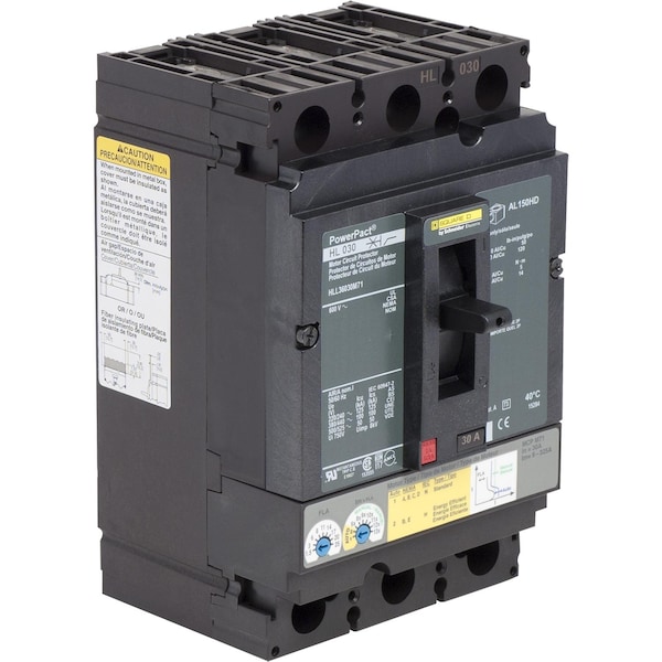 Square D Molded Case Circuit Breaker, HLL Series, 30A, 3 Pole, 600V AC, 125kA at 240V AC - HLL36030M71